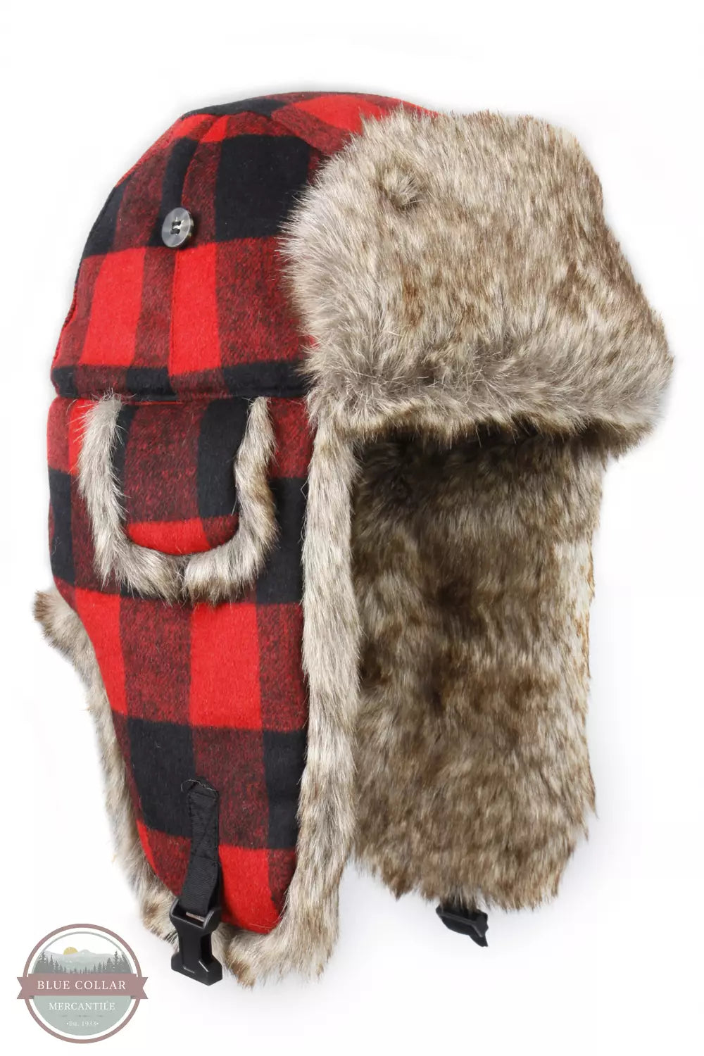 Mad Bomber 305FFWRED Red/Black Plaid Wool Bomber Hat with Brown Faux Fur Profile View