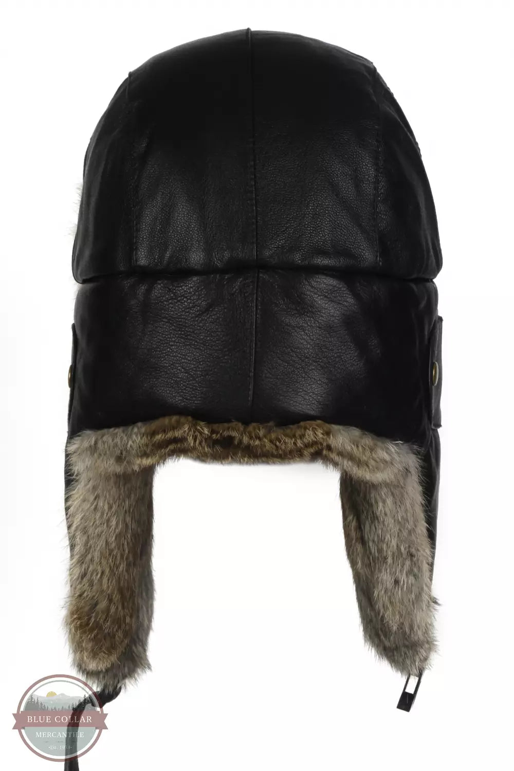 Mad Bomber 305LBLK Black Leather Bomber Hat with Rabbit Fur Back View