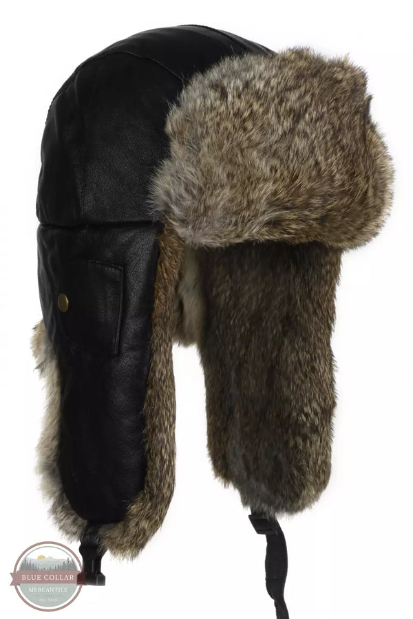 Mad Bomber 305LBLK Black Leather Bomber Hat with Rabbit Fur Profile View