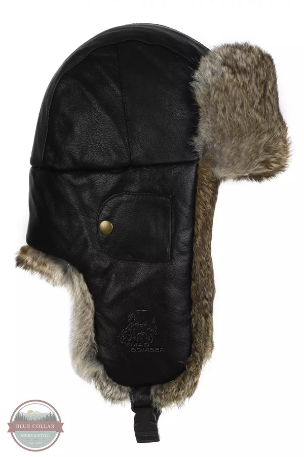 Mad Bomber 305LBLK Black Leather Bomber Hat with Rabbit Fur Side View