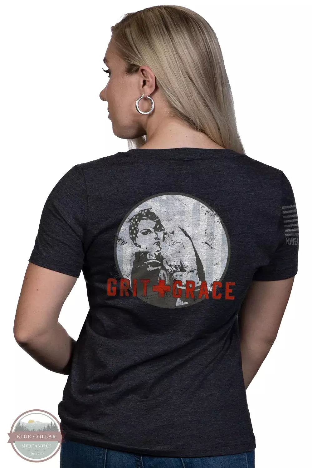 Nine Line GGRACE-WRVN Grit and Grace Relaxed Fit V-Neck T-Shirt Dark Heather Grey Back View