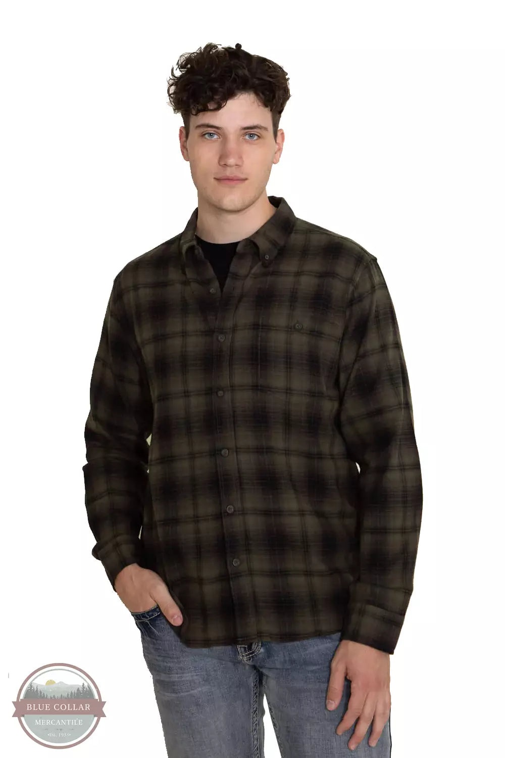 North River NRM6385 Brushed Cotton Button Down Long Sleeve Shirt in Plaid Olive Front View