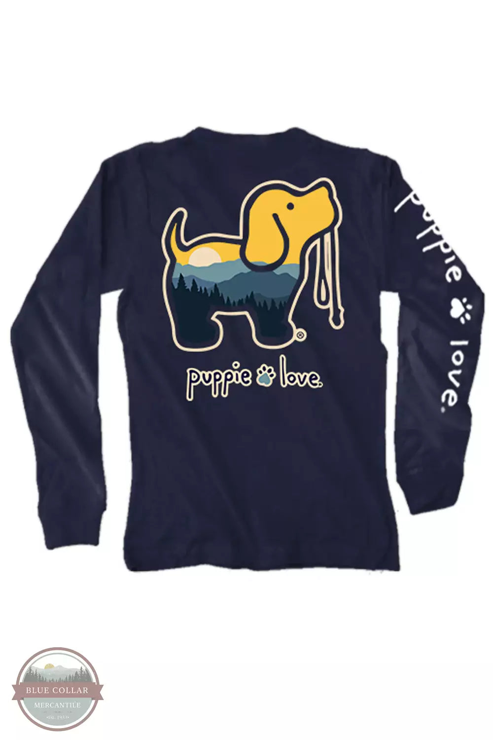 Puppie Love SPL1172 Mountain Landscape Pup Long Sleeve T-Shirt in Navy Back View