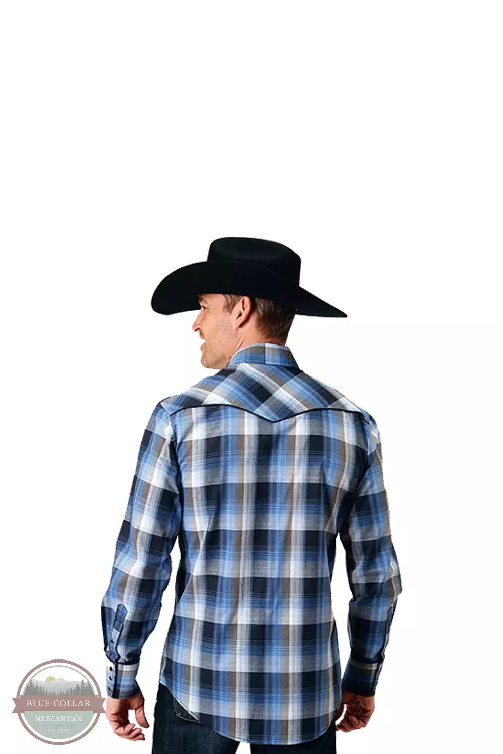 Roper 01-001-0016-1065 BU Embroidered Long Sleeve Western Snap Shirt in Blue Plaid Back View