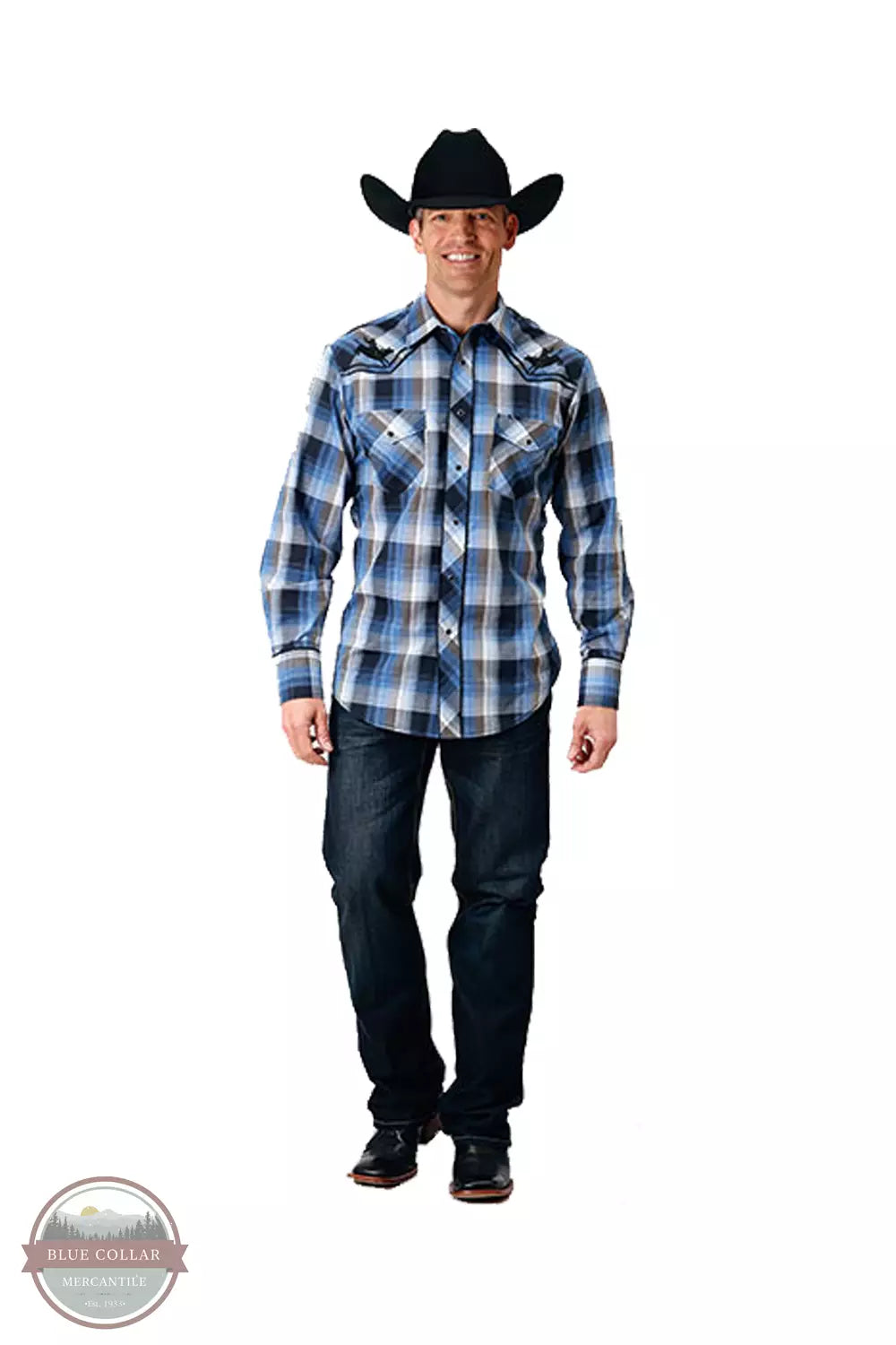 Roper 01-001-0016-1065 BU Embroidered Long Sleeve Western Snap Shirt in Blue Plaid Full View