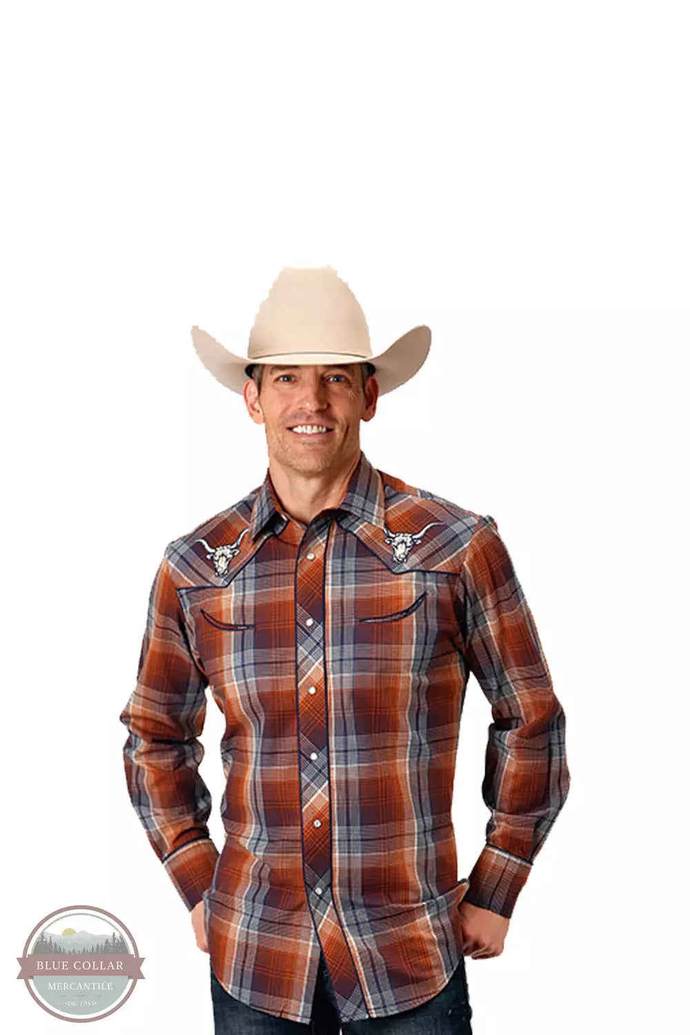 Roper 01-001-0016-1066 BR Embroidered Long Sleeve Western Snap Shirt in Brown Plaid Front View