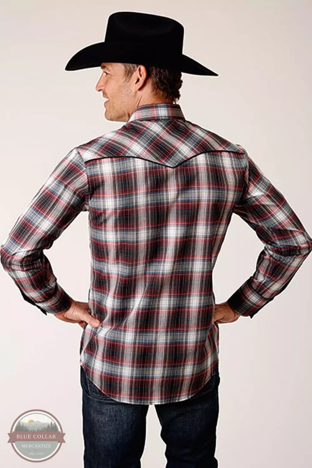 Roper 01-001-0016-6041 RE Embroidered Rose Long Sleeve Snap Shirt in Red Plaid Back View