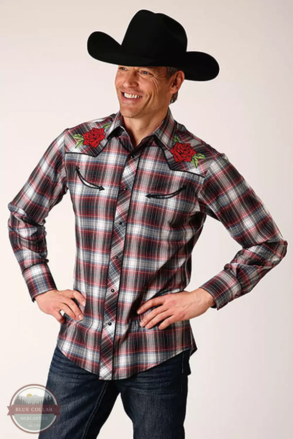 Roper 01-001-0016-6041 RE Embroidered Rose Long Sleeve Snap Shirt in Red Plaid Front View
