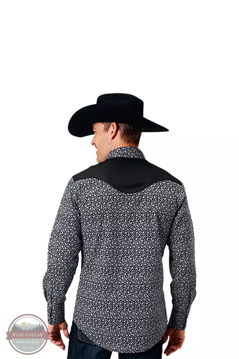 Roper 01-001-0024-1068 BL Embroidered Long Sleeve Western Snap Shirt in Black Floral Back View
