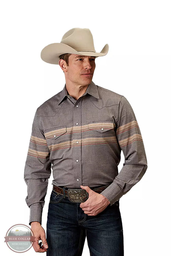 Roper 01-001-0043-0367 GY Border Stripe Long Sleeve Shirt Front View