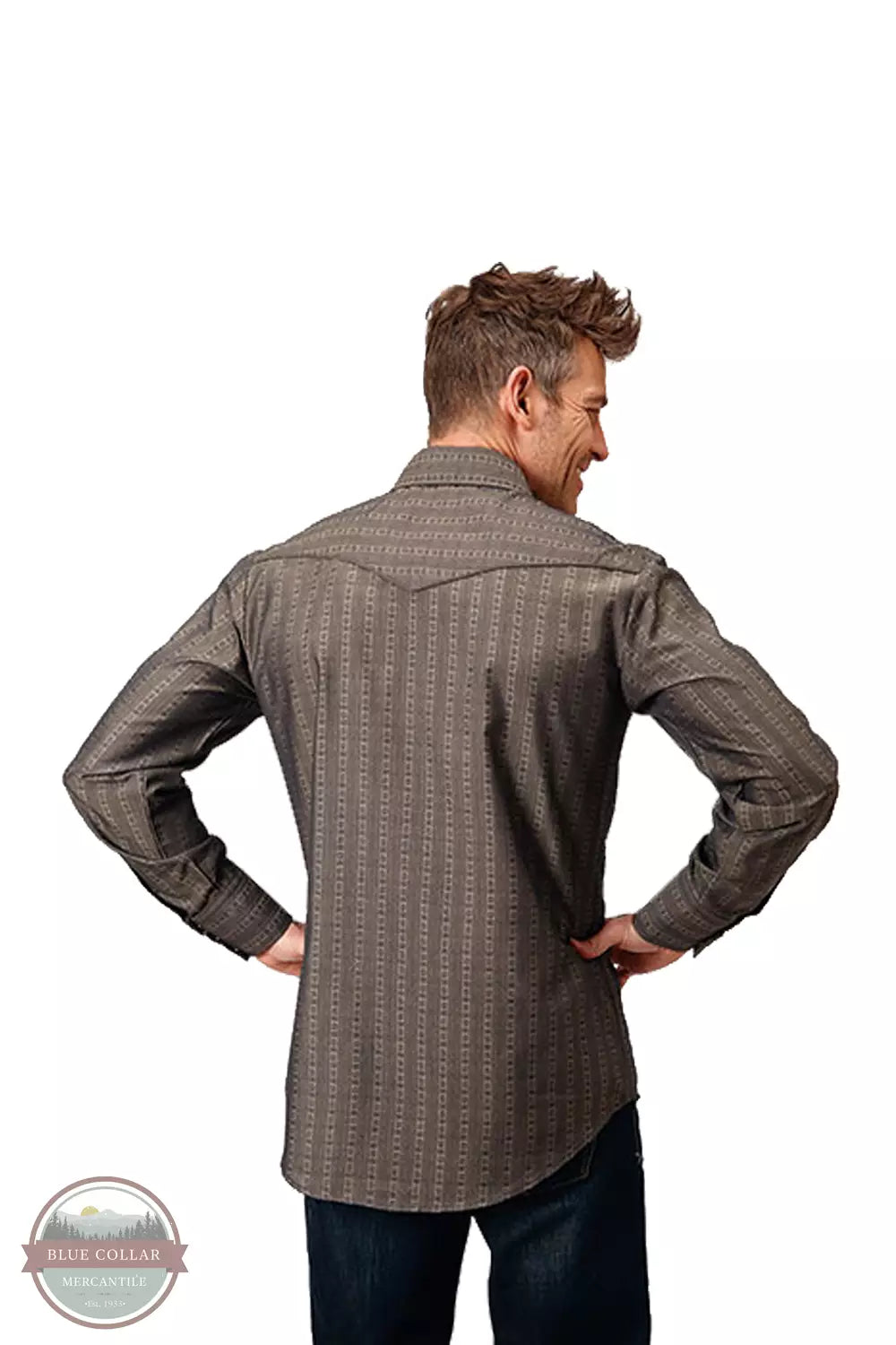 Roper 01-001-0086-1069 GY Long Sleeve Western Snap Shirt in Grey Floral Stripe Back View