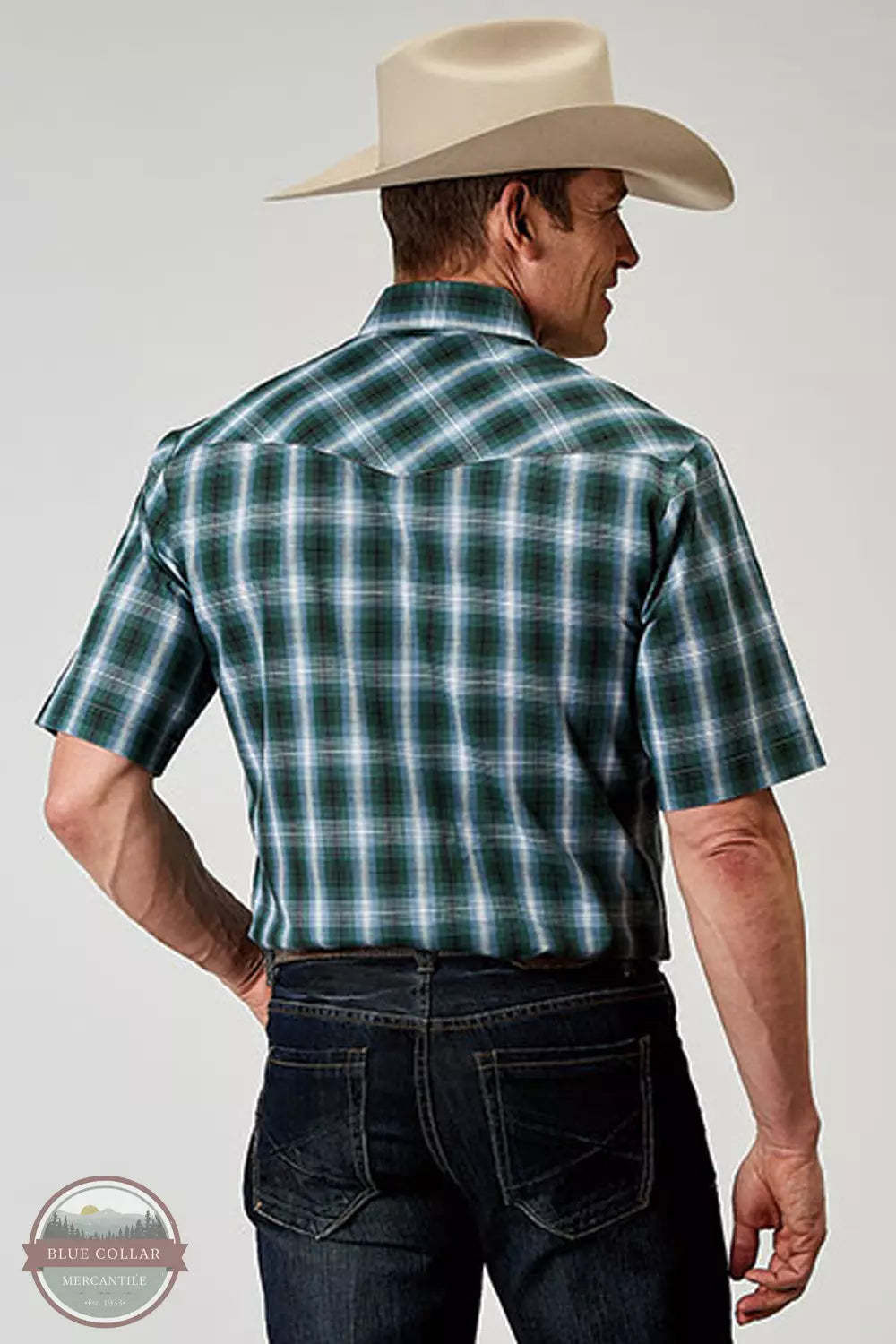 Roper 01-002-0101-3000 BU Ocean Plaid Short Sleeve Western Snap Shirt Back View