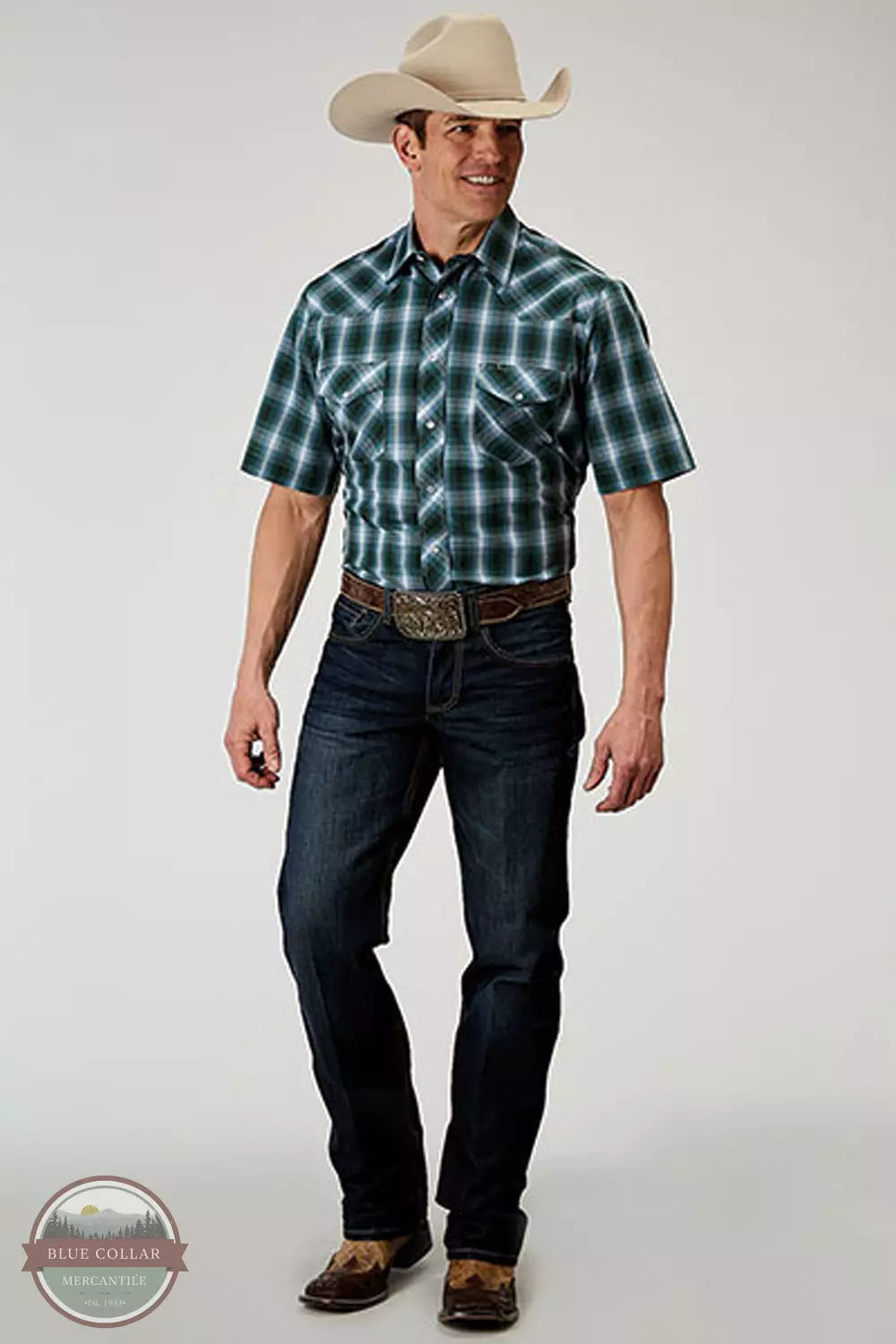 Roper 01-002-0101-3000 BU Ocean Plaid Short Sleeve Western Snap Shirt Full View