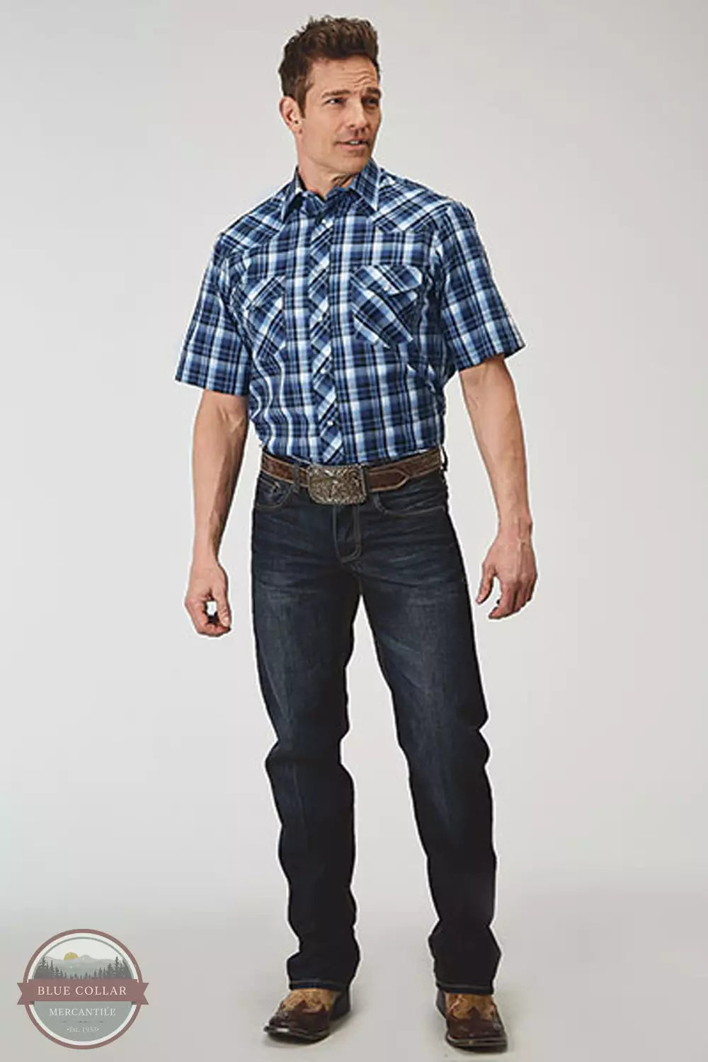 Roper 01-002-0101-3008 BU Midnight Plaid Short Sleeve Western Snap Shirt Full View