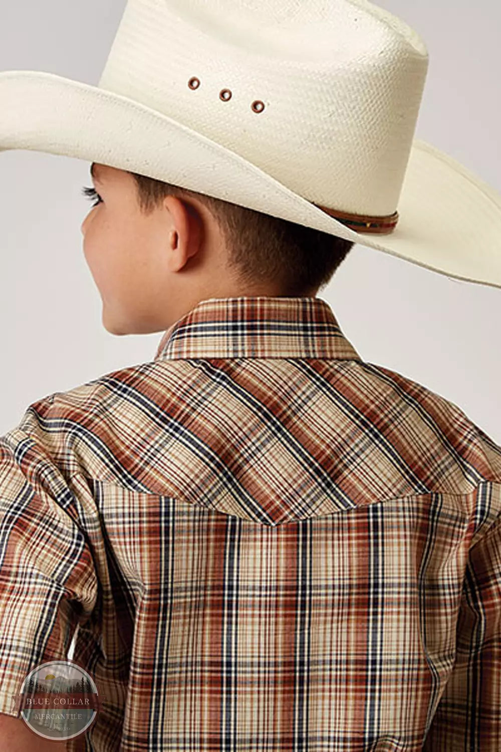 Roper 01-031-0101-3003 BR Boy's Short Sleeve Western Snap Shirt in Brown Plaid Back View