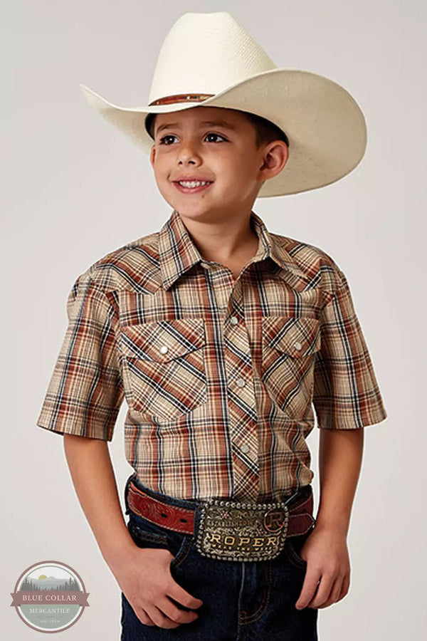 Roper 01-031-0101-3003 BR Boy's Short Sleeve Western Snap Shirt in Brown Plaid Front View