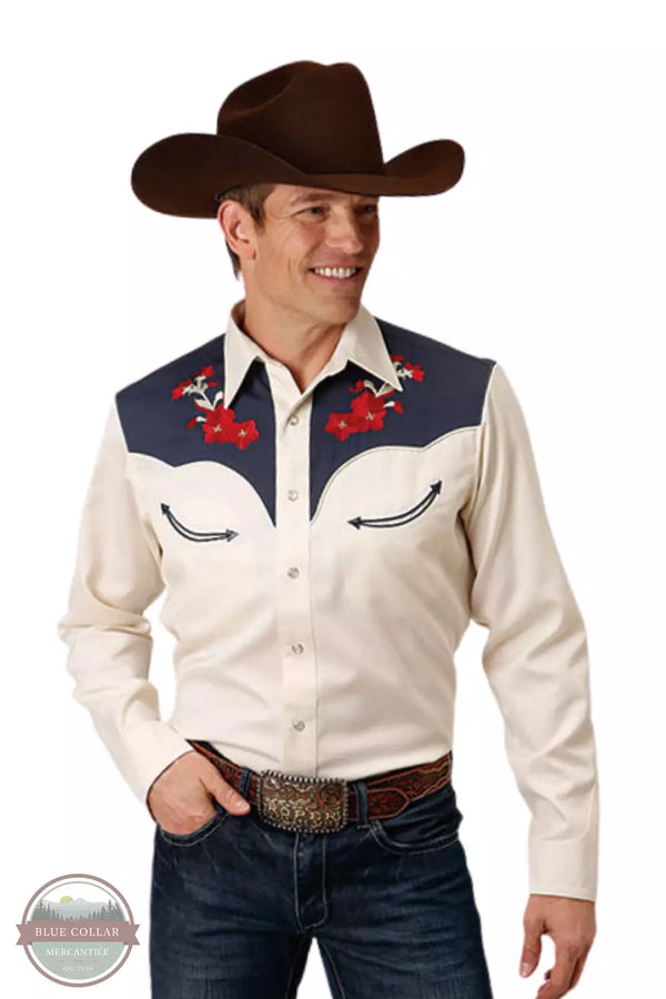 Roper 03-001-0040-0675 WH Embroidered Roses Long Sleeve Western Snap Shirt Front View