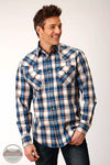 Roper 03-001-0062-0754 BU West Made Long Sleeve Snap Shirt in Denim Plaid Front View