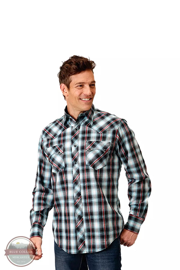 Roper 03-001-0062-0756 BL West Made Long Sleeve Western Snap Shirt in Dusk Dobby Front View