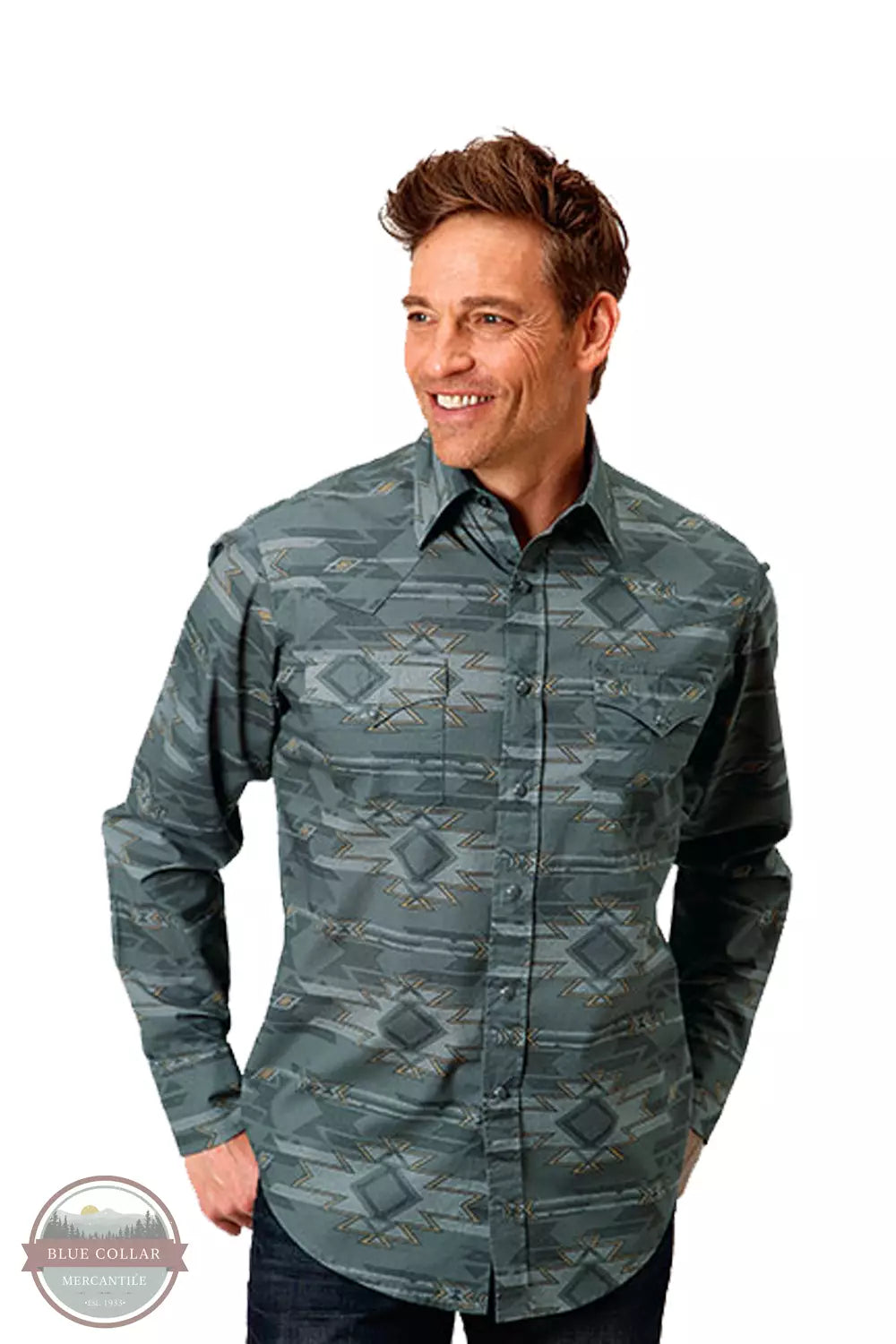 Roper 03-001-0067-0787 GY West Made Collection Long Sleeve Shirt in a Gray Fog Aztec Print Front View