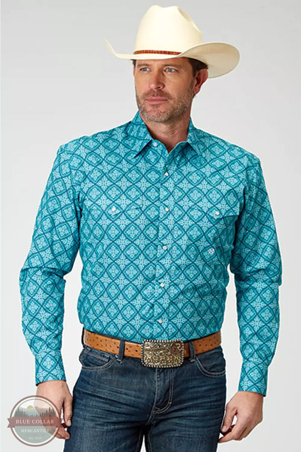 Roper 03-001-0225-2029 BU Long Sleeve Snap Shirt in Turquoise Lake Medallion Front View