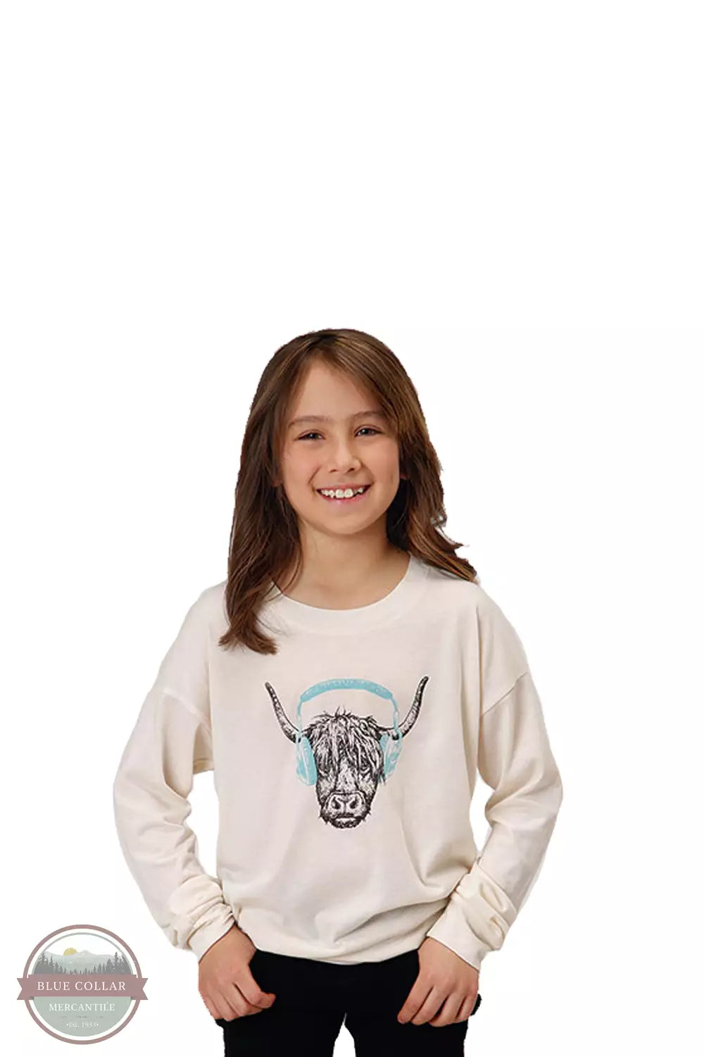 Roper 03-009-0513-0162 WH Steer with Headphones Long Sleeve T-Shirt in Cream Front View