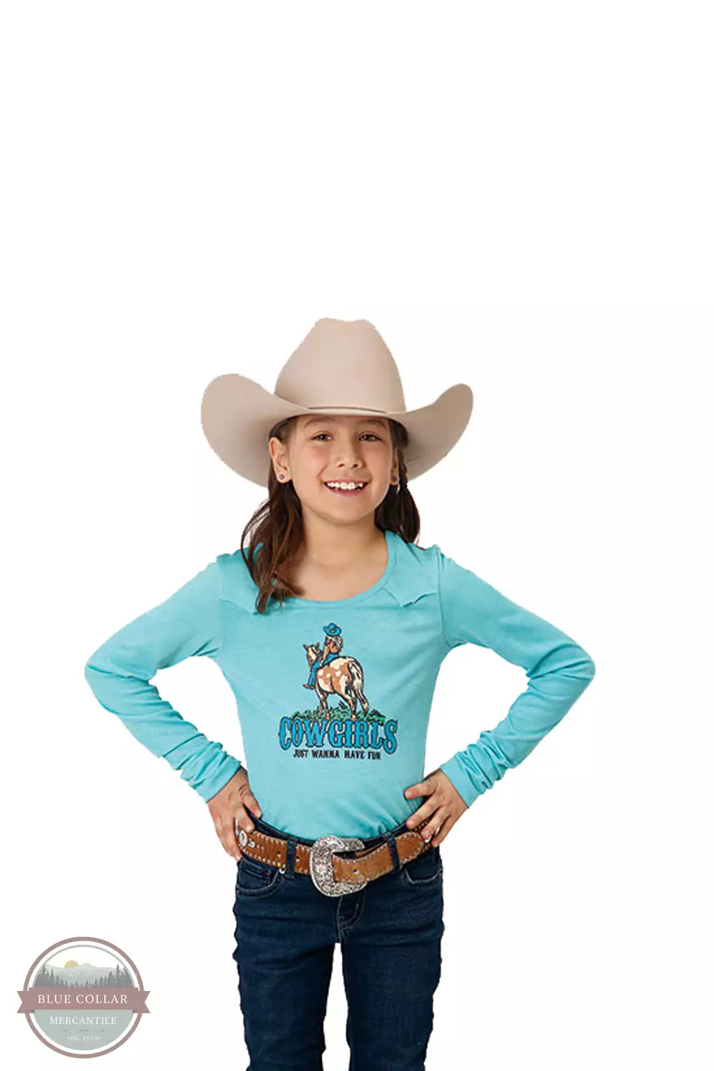 Roper 03-009-0513-0198 BU Cowgirls Just Wanna Have Fun Long Sleeve T-Shirt in Turquoise Front View