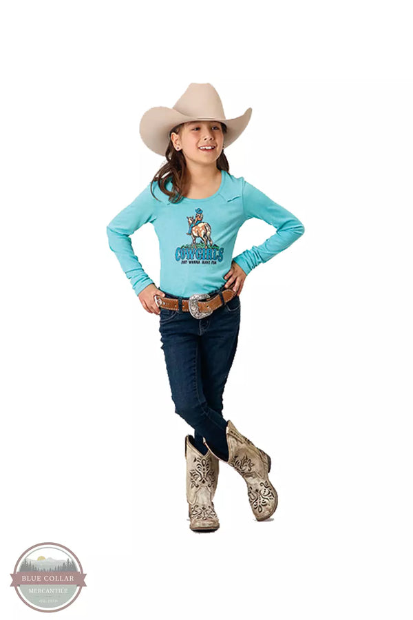Roper 03-009-0513-0198 BU Cowgirls Just Wanna Have Fun Long Sleeve T-Shirt in Turquoise Full View