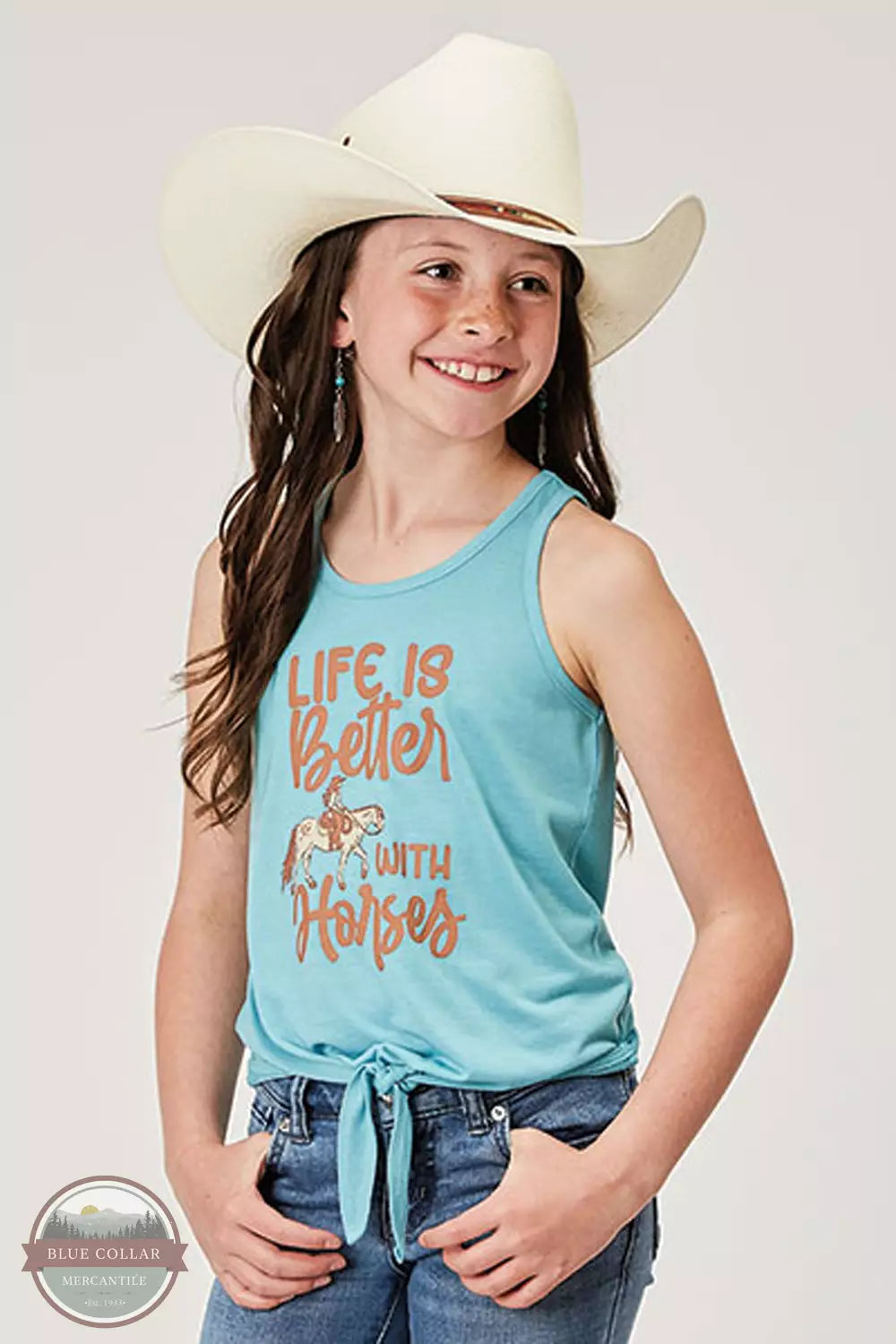 Roper 03-009-0513-2019 BU Girl's Life is Better with Horses Tank Top in Blue Front View