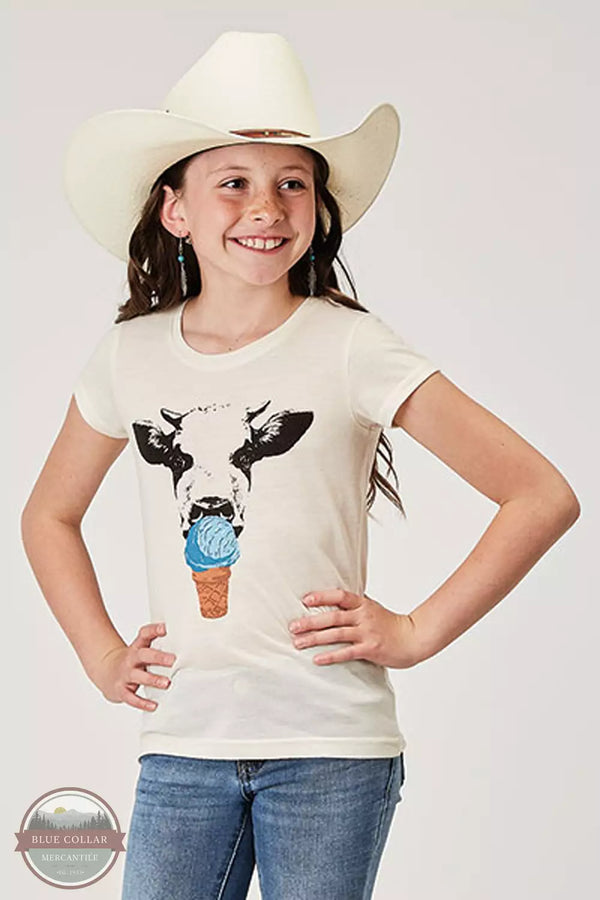 Roper 03-009-0513-2020 WH Girl's Cow Ice Cream T-shirt in Cream Front View