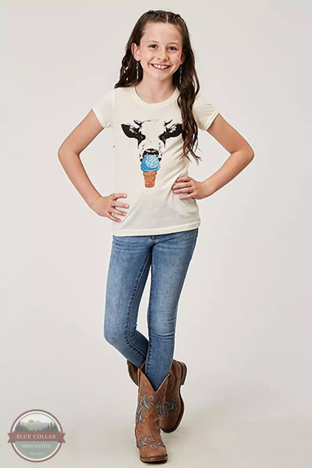 Roper 03-009-0513-2020 WH Girl's Cow Ice Cream T-shirt in Cream Full View