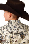 Roper 03-030-0482-0614 BR Classic Long Sleeve Western Snap Shirt in a Vintage Postcard Print Back View