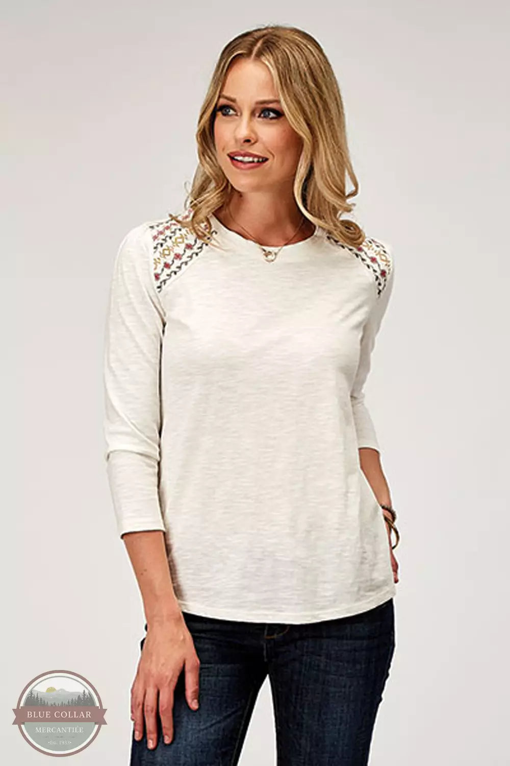 Roper 03-038-0513-3071 WH Embroidered 3/4 Sleeve T-Shirt in Cream Front View
