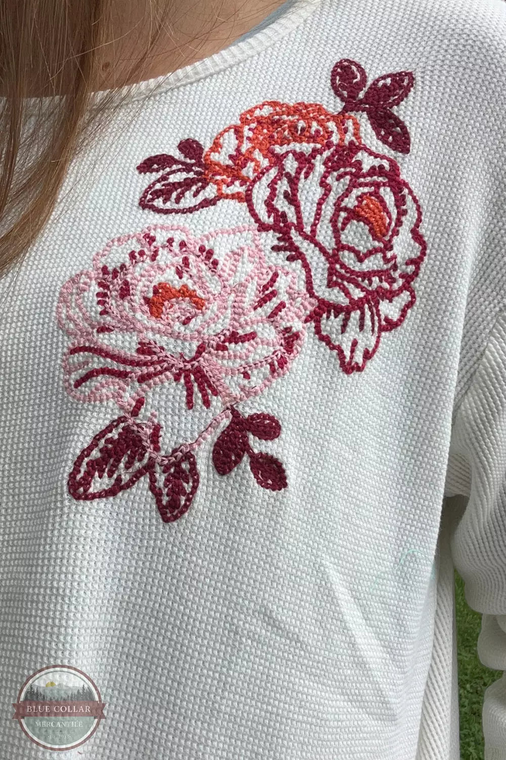 Roper 03-038-0513-6110 WH Waffle Weave Embroidered Rose Long Sleeve T-Shirt in White Detail View