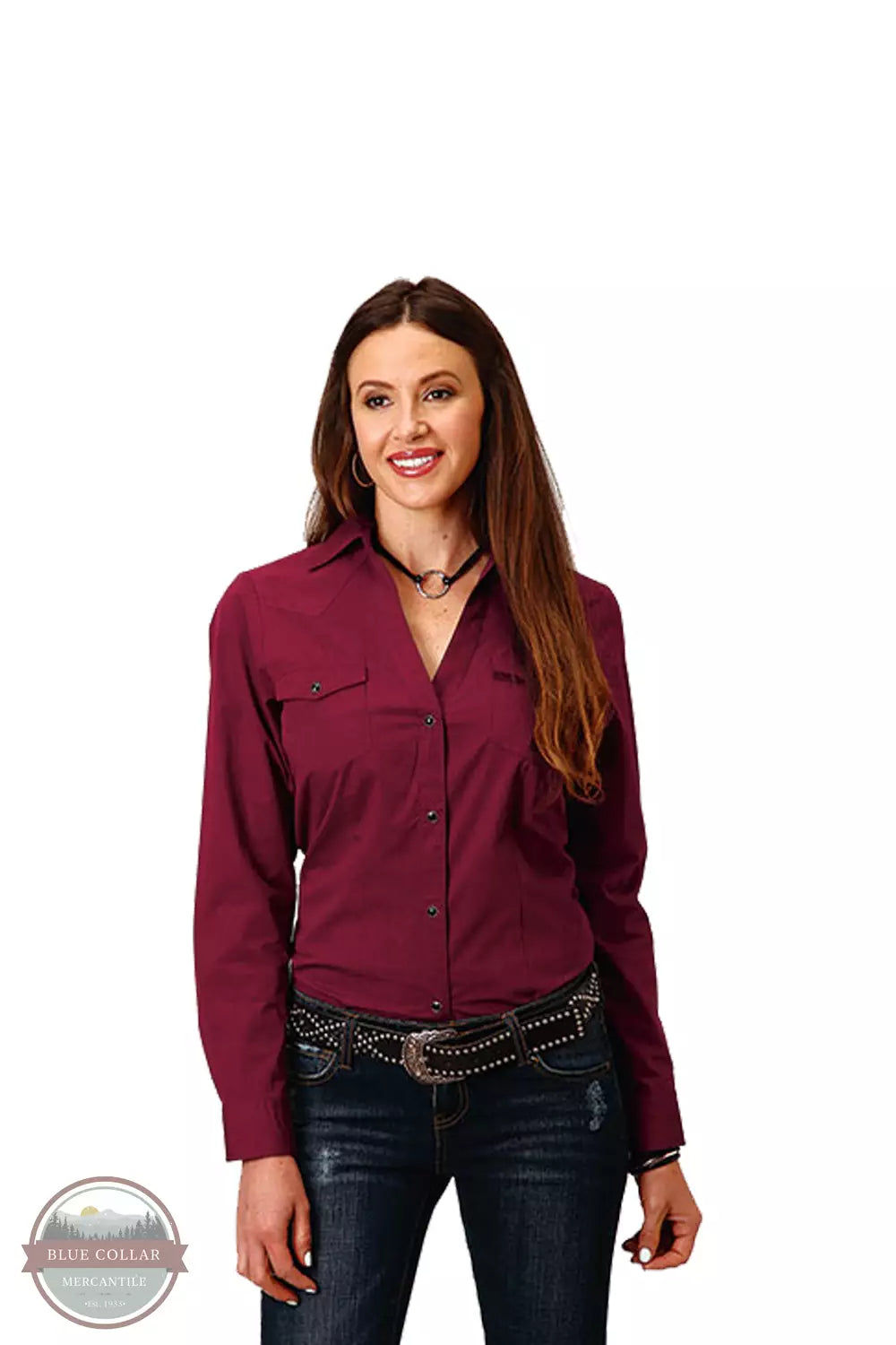 Roper 03-050-0265-0706 WI V-Neck Snap Long Sleeve T-Shirt in Wine Front View