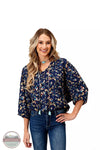 Roper 03-050-0590-7081 BU V-Neck Raglan Quarter Sleeve Blouse in Navy Feather Foliage Print Front View
