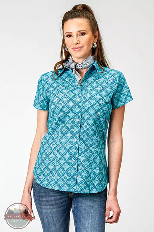 Roper 03-051-0225-2029 BU Short Sleeve Snap Shirt in Turquoise Lake Medallion Front View