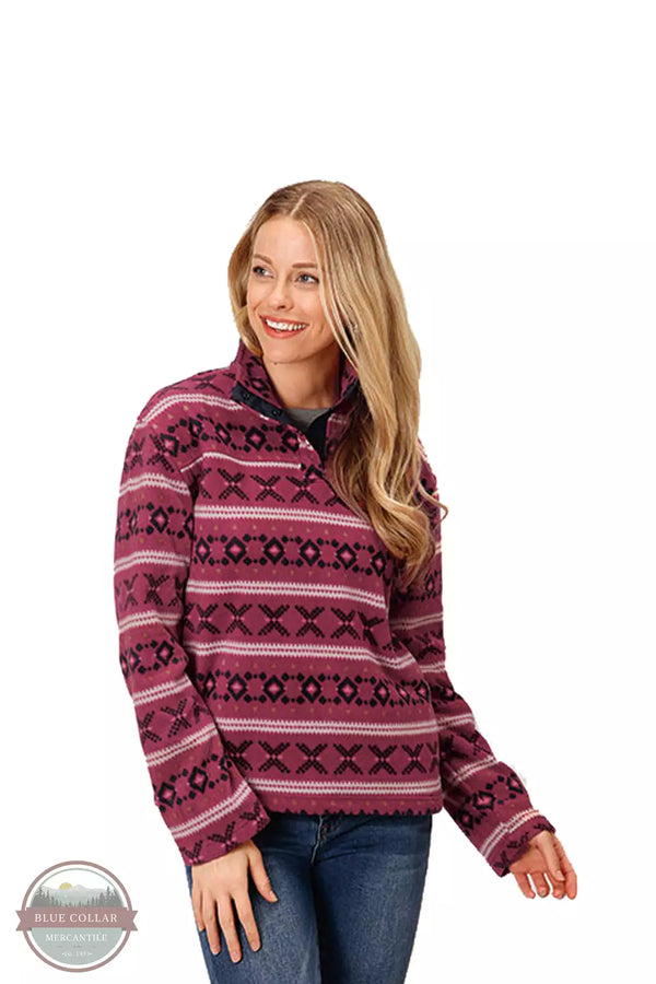 Roper 03-098-0250-6181 RE Micro Fleece Quarter Snap Pullover in Berry with an Aztec Print Front View
