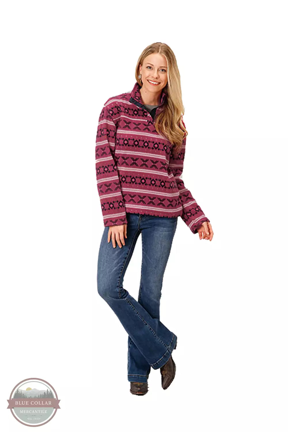 Roper 03-098-0250-6181 RE Micro Fleece Quarter Snap Pullover in Berry with an Aztec Print Full View