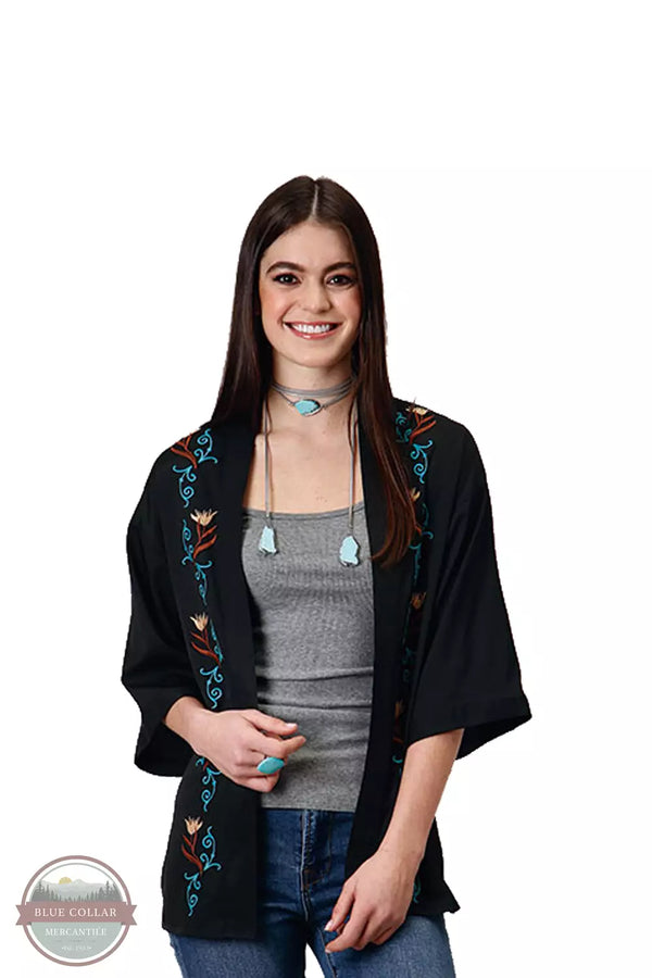 Roper 03-500-0565-0148 BL Embroidered Lightweight Cardigan in Black Front View