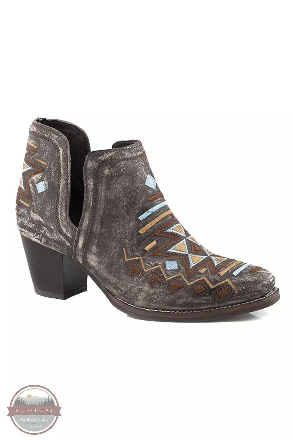 Roper 09-021-0981-3214 BR Rowdy Aztec Suede Snip Toe Shorty Western Boot in Vintage Brown Profile View