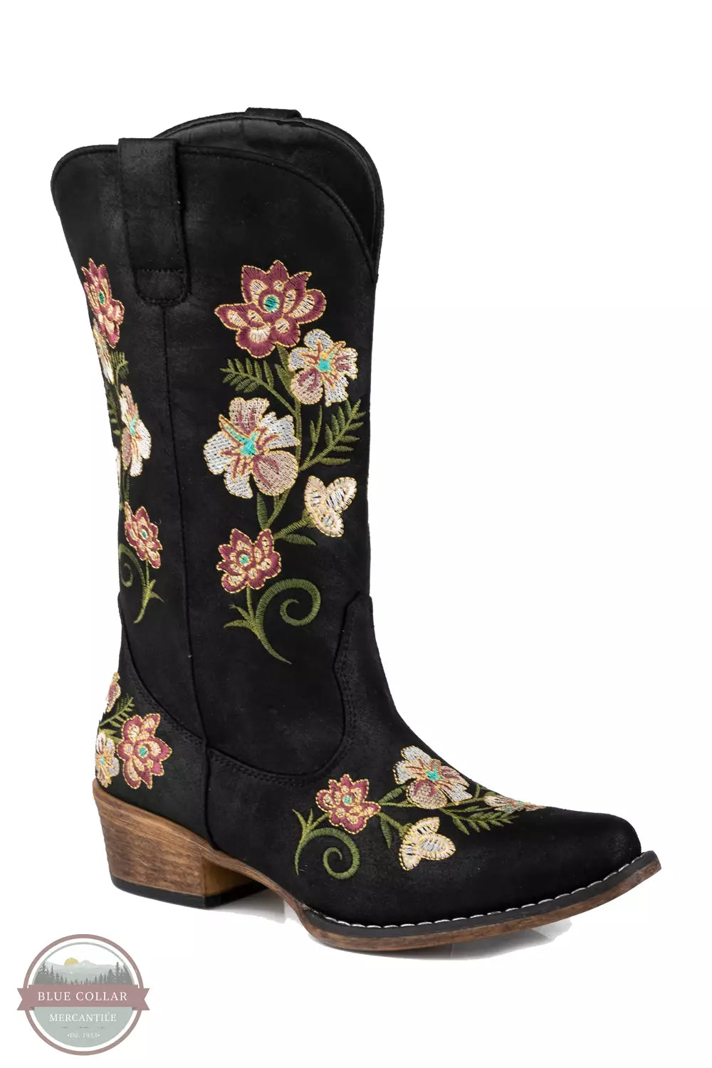 Roper 09-021-1566-3253 BL Riley Embroidered Flowers and Faux Leather Western Boot in Black Profile View