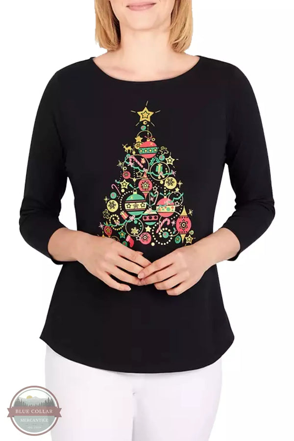Ruby Rd 58695 Embellished Holiday Knit Top with 3/4 Sleeve in Black Front View