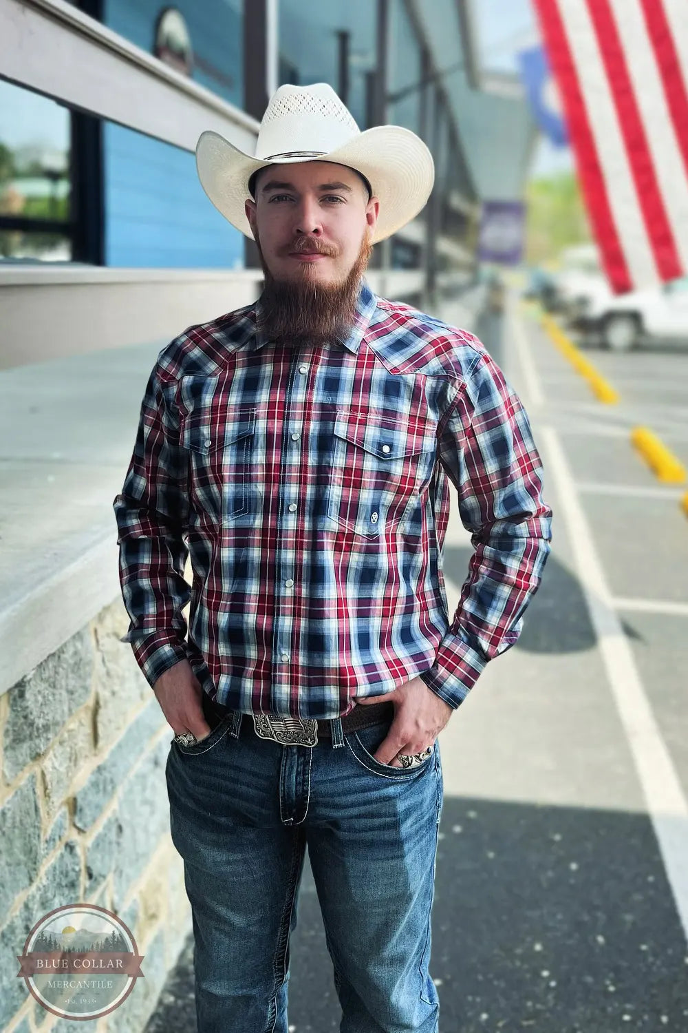 Shop the look image of Ryne wearing a roper shirt, ariat jeans, master hatters cowboy hat and an M&F buckle all American themed