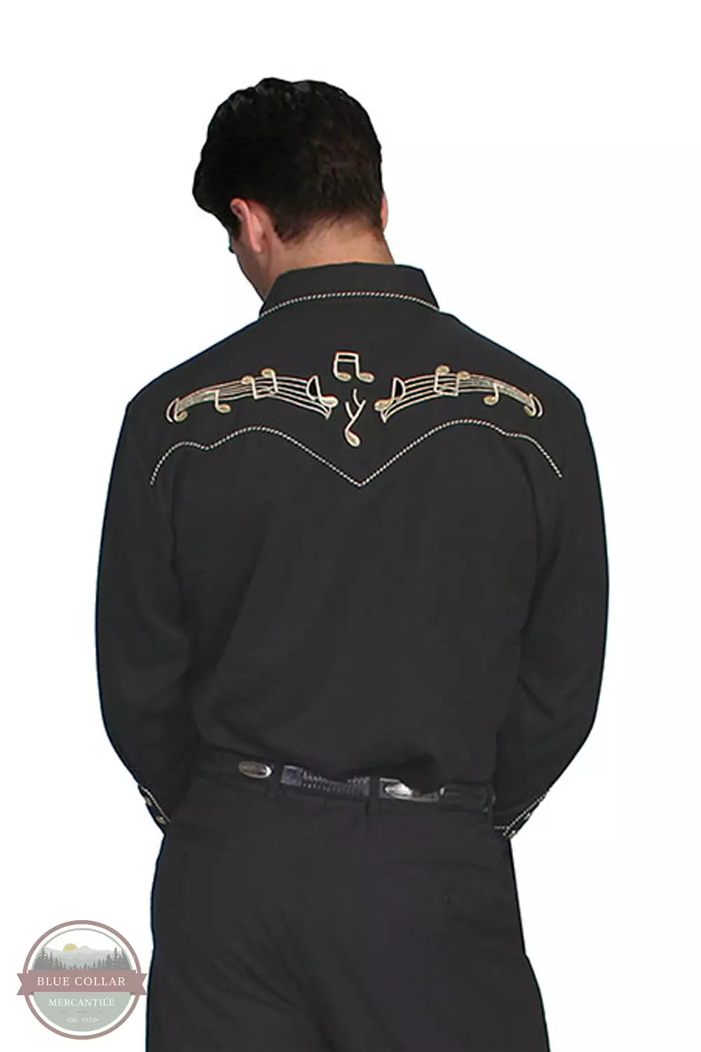 Scully P-627 BLK Musical Notes Embroidered Long Sleeve Shirt in Black Back View