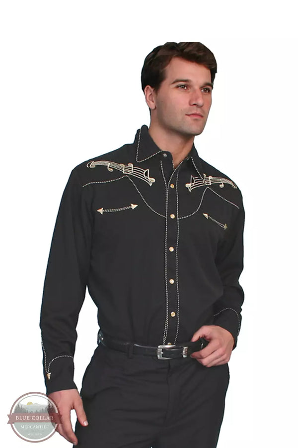Scully P-627 BLK Musical Notes Embroidered Long Sleeve Shirt in Black Front View