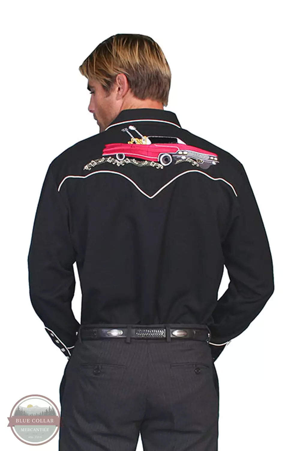 Scully P-665 BLK Rock & Roll Embroidered Long Sleeve Shirt in Black Back View