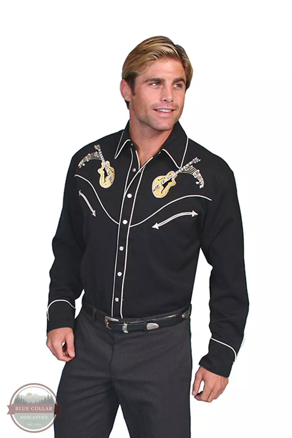 Scully P-665 BLK Rock & Roll Embroidered Long Sleeve Shirt in Black Front View