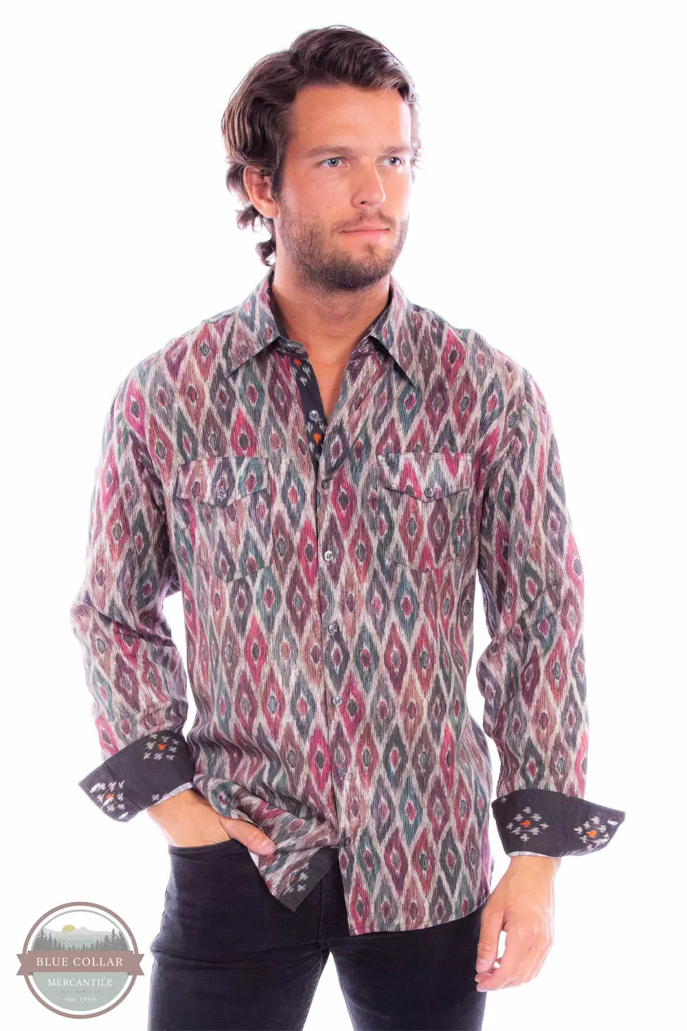 Scully PS-330 MUL Diamond Print Tencel Long Sleeve Shirt in Multi Front View