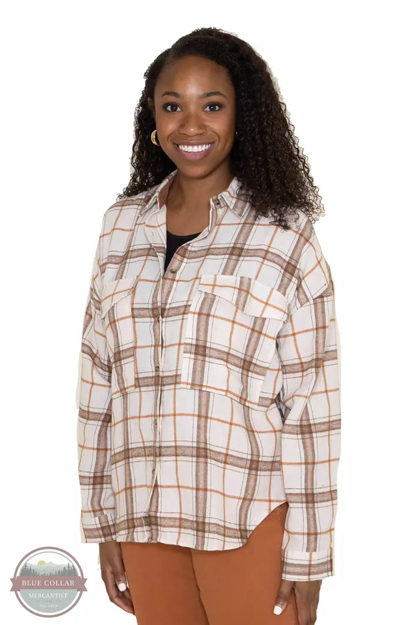 Simply Southern 0223-PLAID-SHKT-PEARL Shacket in Pearl Plaid Profile View